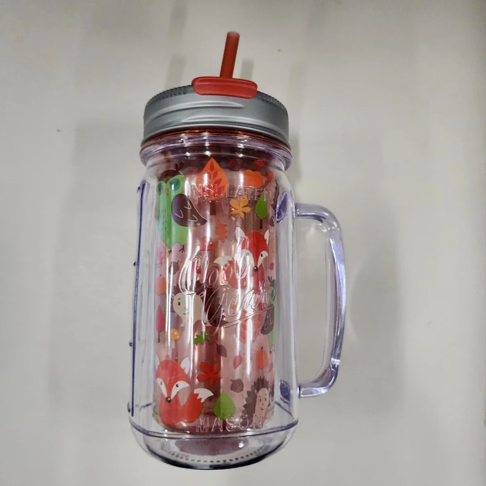 Cool Gear Plastic Mason Jar Fox Forest  Tumbler w/ Straw Insulated 16oz